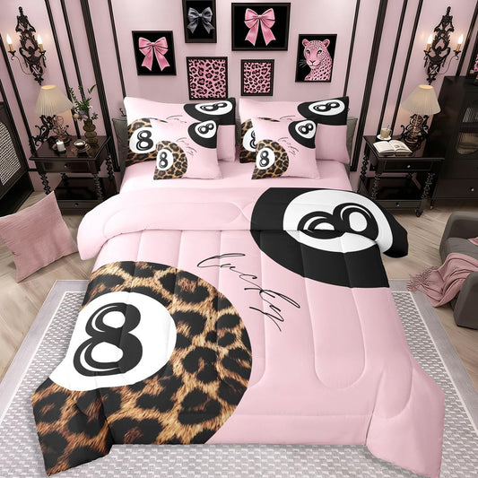 Erosebridal Leopard Print Bedding Set,7 Piece Pink Lucky 8 Ball Cheetah Bed in A Bag Queen Comforter Set for Boys Girls Women Preppy Room Decor Aesthetic Comforter and Sheets Fashion Coquette Bed Set