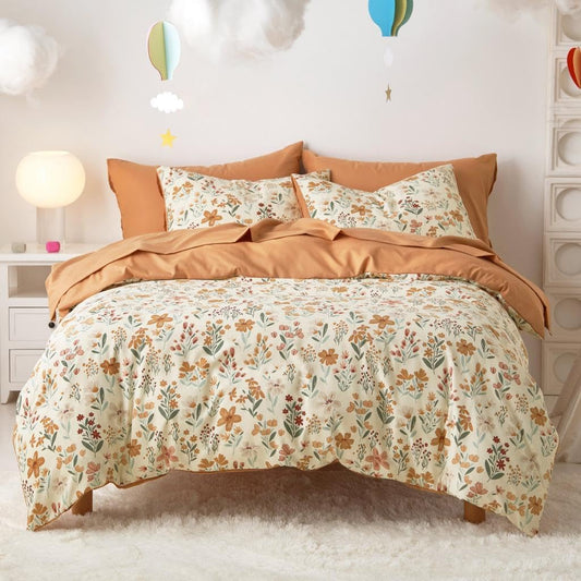 Wake In Cloud - Floral Bedding Set for Girls, Cute Colorful Botanical Flowers Patterned Soft Lightweight Comforter Set with Sheets, 7 Pieces Kids Bed in a Bag, Orange Cream, Queen Size