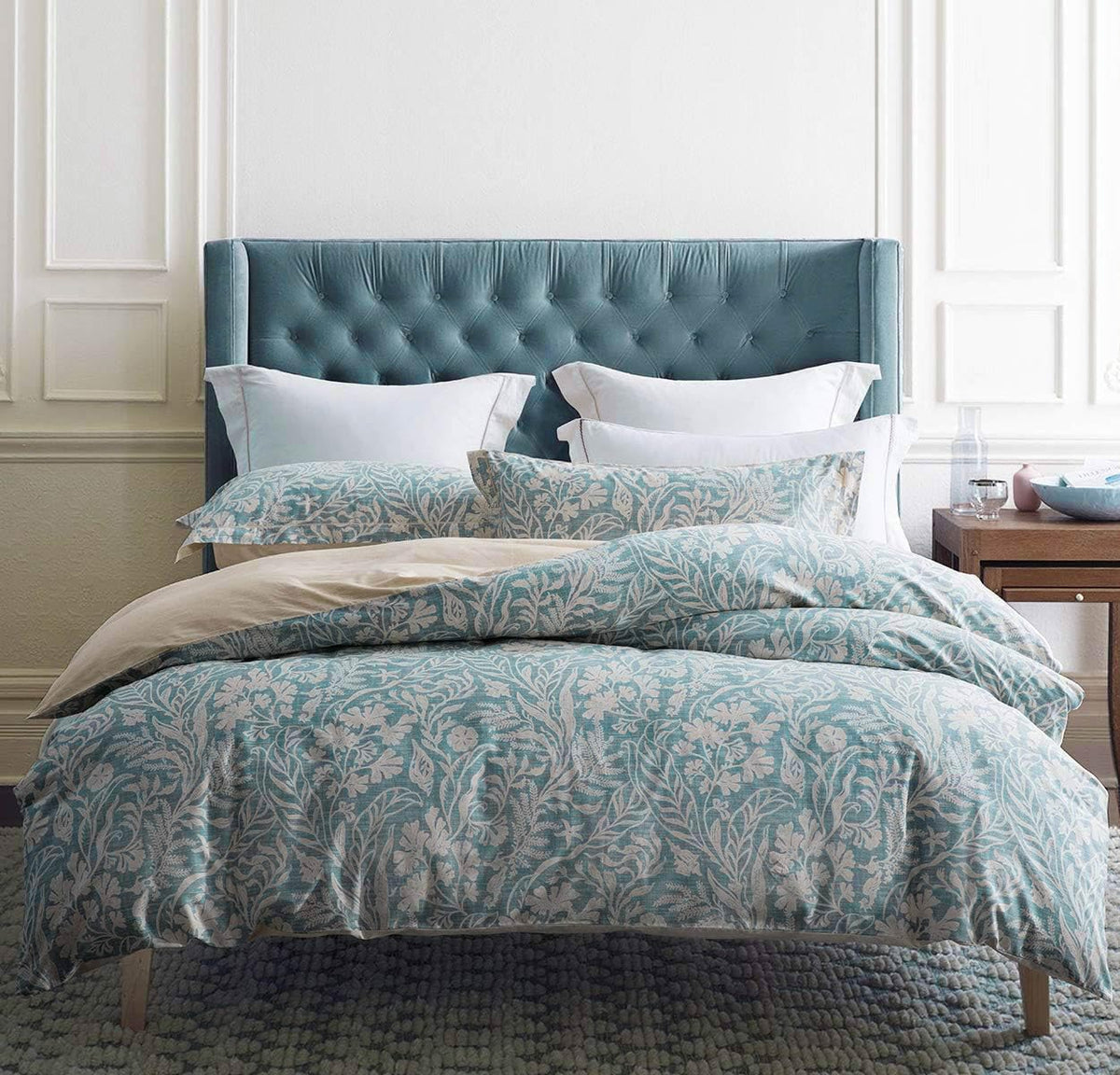 SLEEPBELLA Duvet Cover King Size, 600 Thread Count Cotton Beige & Bluish Grey Printed with Luxurious Leaves Pattern Reversible Botanical Comforter Cover Sets, Bedding Set 3Pcs (King, Beige Paisley)