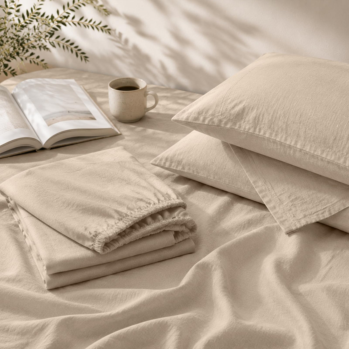MEISHANG 100% French Linen Sheets Queen,4 Pcs,18-24" Extra Deep Pocket