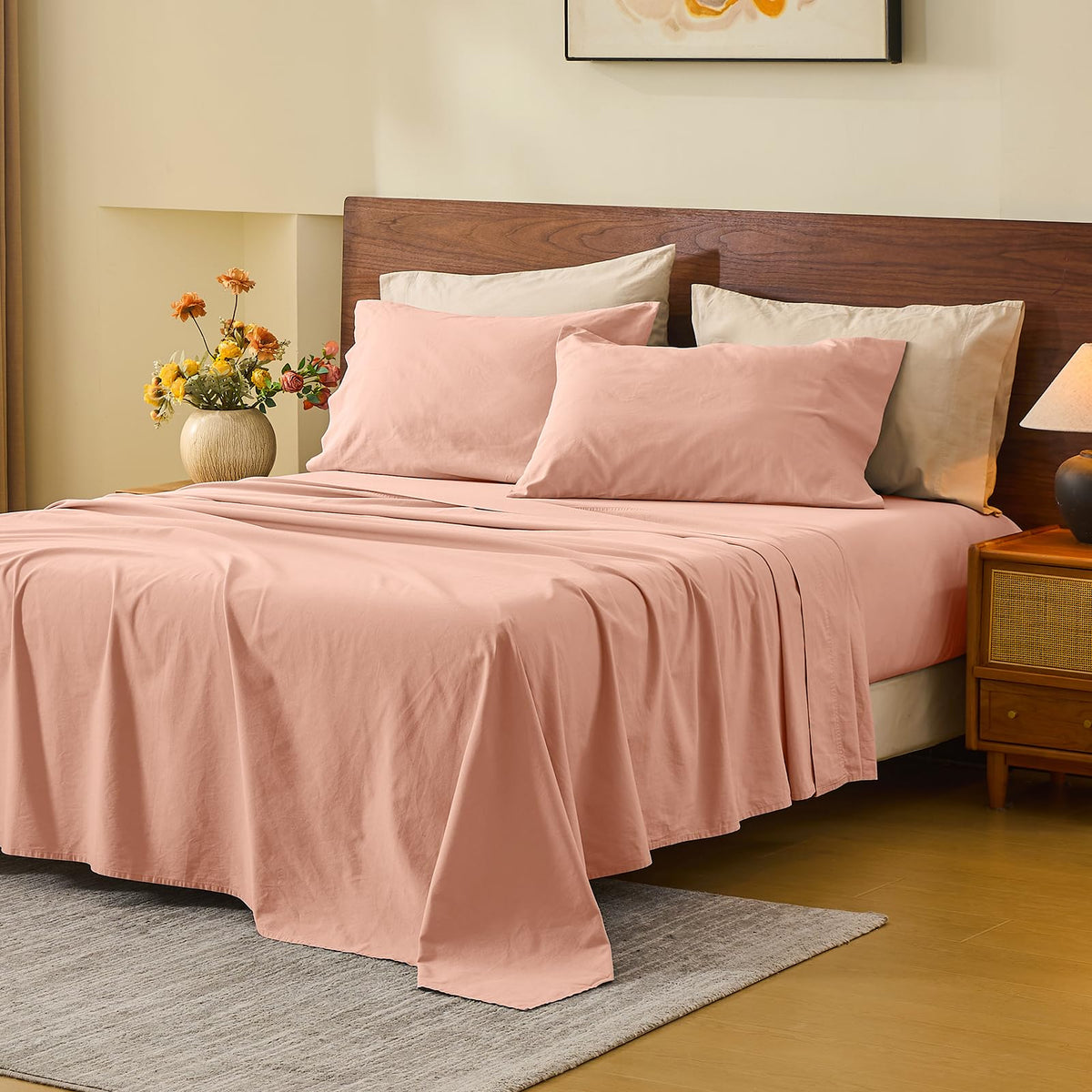 MEISHANG 100% French Linen Sheets Queen,4 Pcs,18-24" Extra Deep Pocket