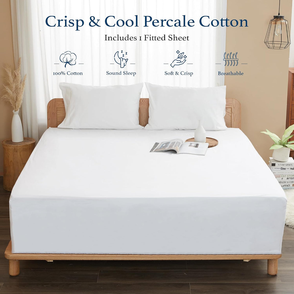 100% Cotton Percale Fitted Sheet King Size, 15" Deep Pocket, White
