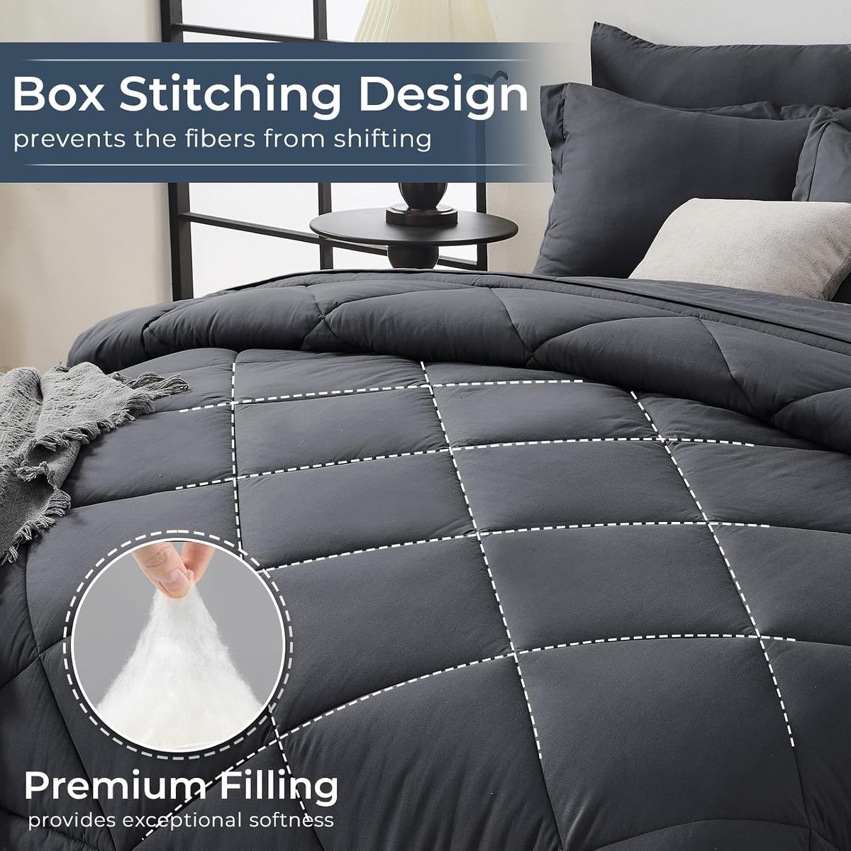 HEVUMYI 7-Piece King Comforter Set, Dark Grey Bed in a Bag