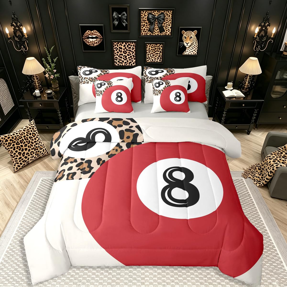Erosebridal Leopard Print Bedding Set,7 Piece Pink Lucky 8 Ball Cheetah Bed in A Bag Queen Comforter Set for Boys Girls Women Preppy Room Decor Aesthetic Comforter and Sheets Fashion Coquette Bed Set