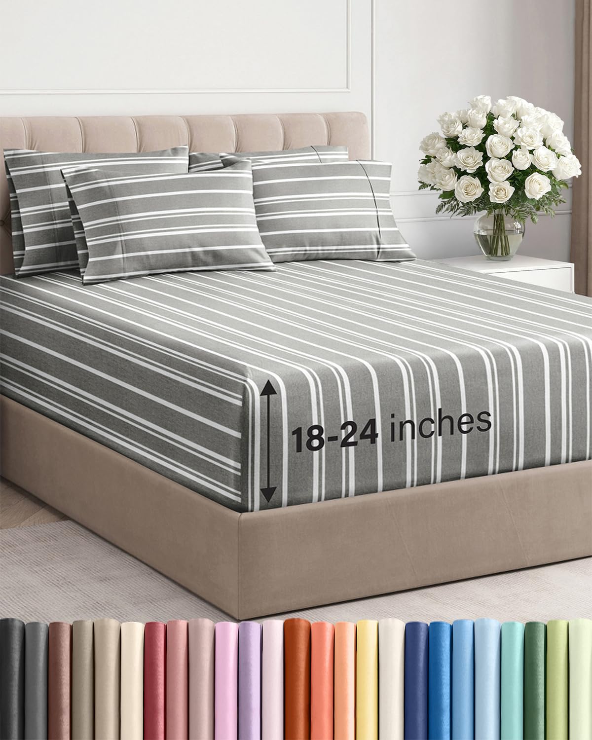 Extra Deep Queen Sheet Set - 6 Piece Breathable and Cooling Sheets - Grey