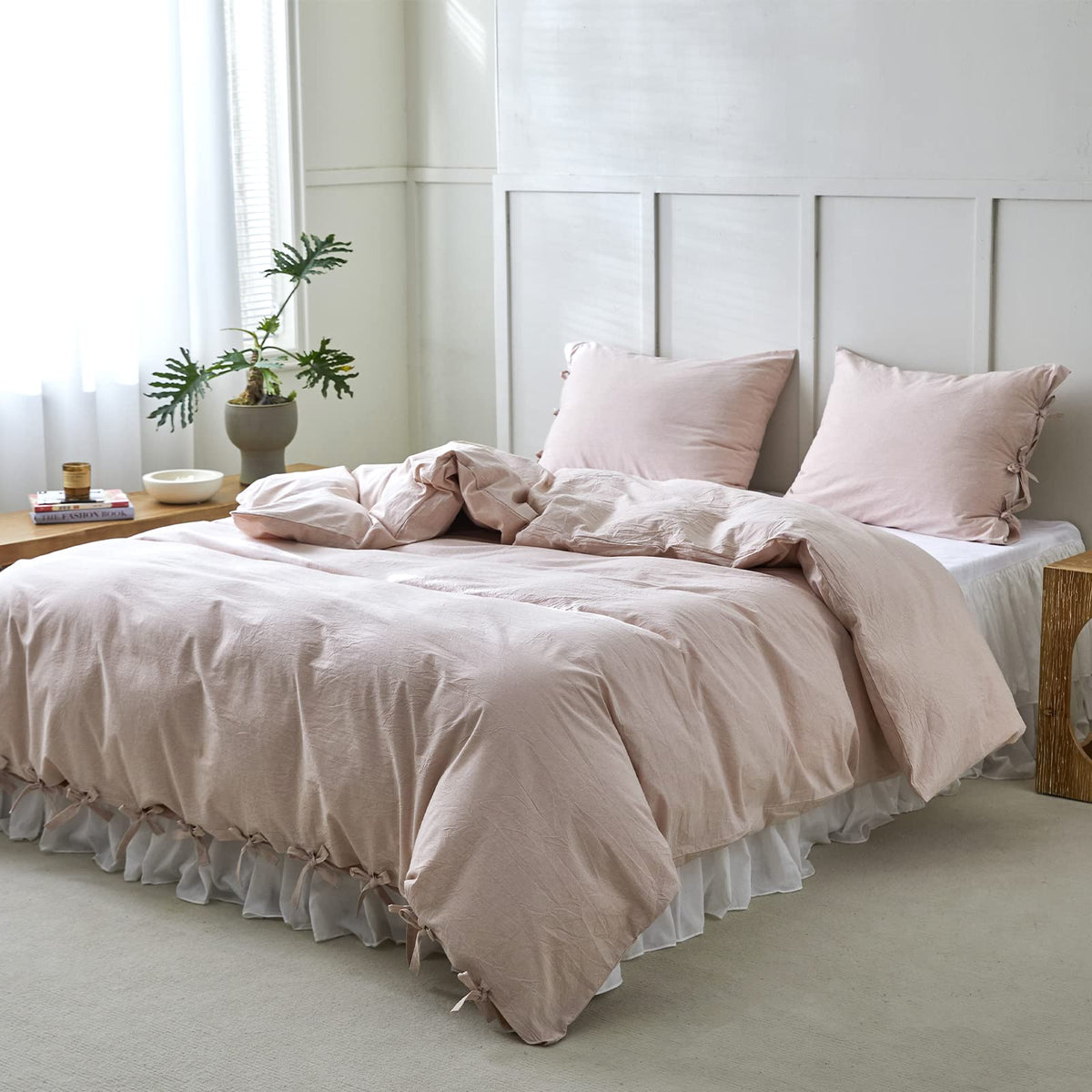 BISELINA 100% Washed Cotton Duvet Cover Set 3pcs with Bowknot Ties Strap Solid Color Linen Like Textured Durable Breathable Soft Comfy Chic Bedding (Twin, Cornflower Blue)