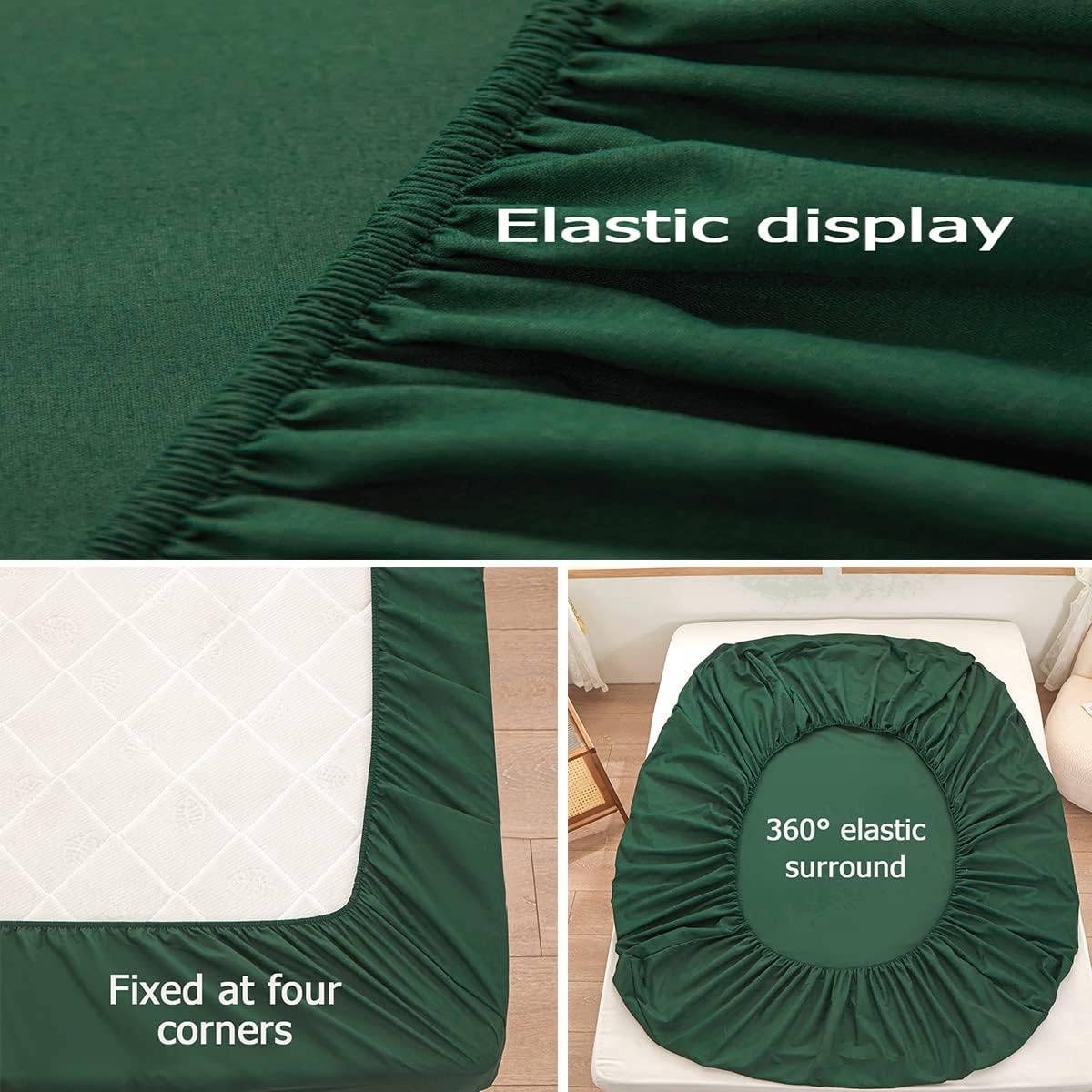 Bedding Queen Size Fitted Sheet Only- Bottom Mattress Fitted Sheet-Fits 15inches Deep Pocket Mattress-Soft and Microfibe-Shrinkage and Fade Resistantr-Easy Care-Dark Green