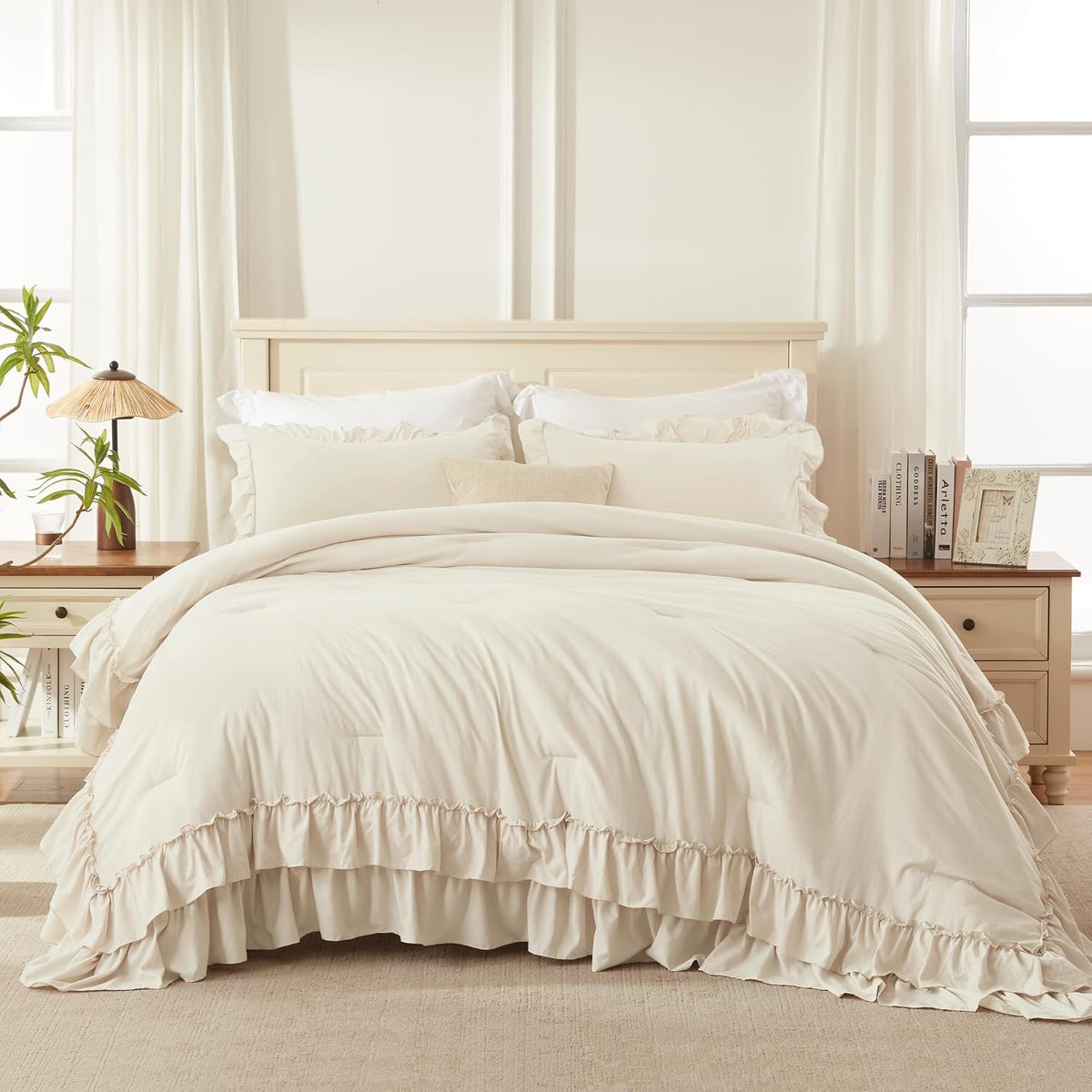 Andency Beige Ruffle Full Size Comforter Set, 3 Pieces
