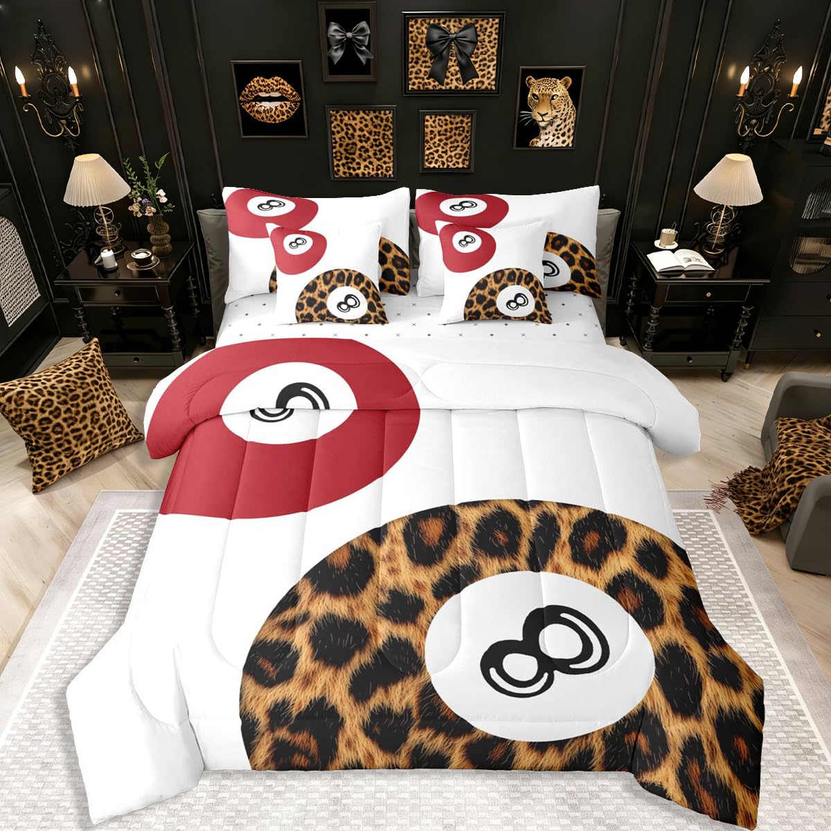 Erosebridal Leopard Print Bedding Set,7 Piece Pink Lucky 8 Ball Cheetah Bed in A Bag Queen Comforter Set for Boys Girls Women Preppy Room Decor Aesthetic Comforter and Sheets Fashion Coquette Bed Set