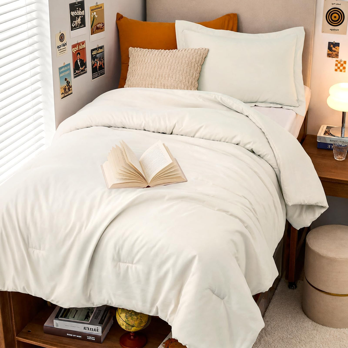 MUXHOMO Queen Size Comforter Set Beige, 3 Piece Solid Bedding for All Seasons, Warm Down Alternative Bed Set Includes 1 Lightweight Comforter (90"x90") and 2 Pillowshams (20"x26")