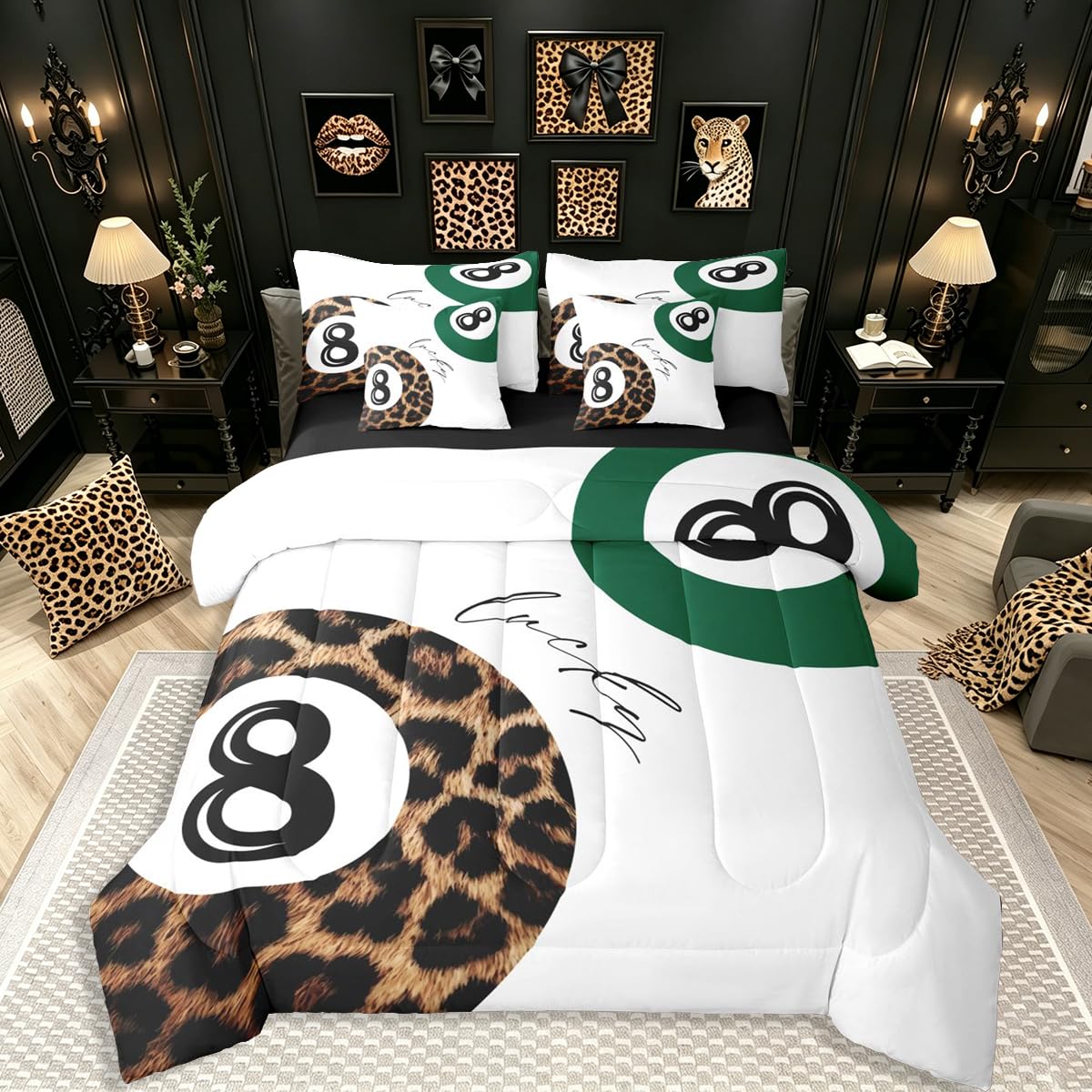 Erosebridal Leopard Print Bedding Set,7 Piece Pink Lucky 8 Ball Cheetah Bed in A Bag Queen Comforter Set for Boys Girls Women Preppy Room Decor Aesthetic Comforter and Sheets Fashion Coquette Bed Set