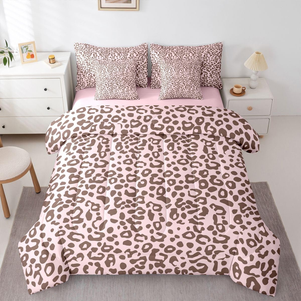 Feelyou Cute Leopard Bedding Set for All Season Cheetah 7 Pieces Comforter Sets Full Size Teens Room Decor Pink Animal Print Bed in a Bag with Comforter, Sheets, Pillowcases & Cushion Cover
