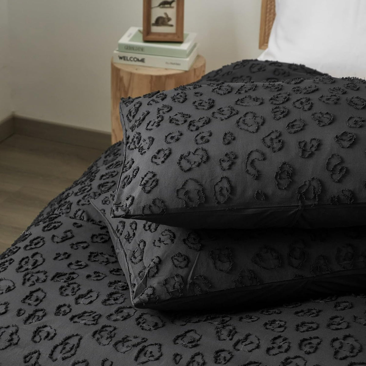 Tufted Black Leopard Duvet Cover King Size, 2 Pillow Shams, No Comforter