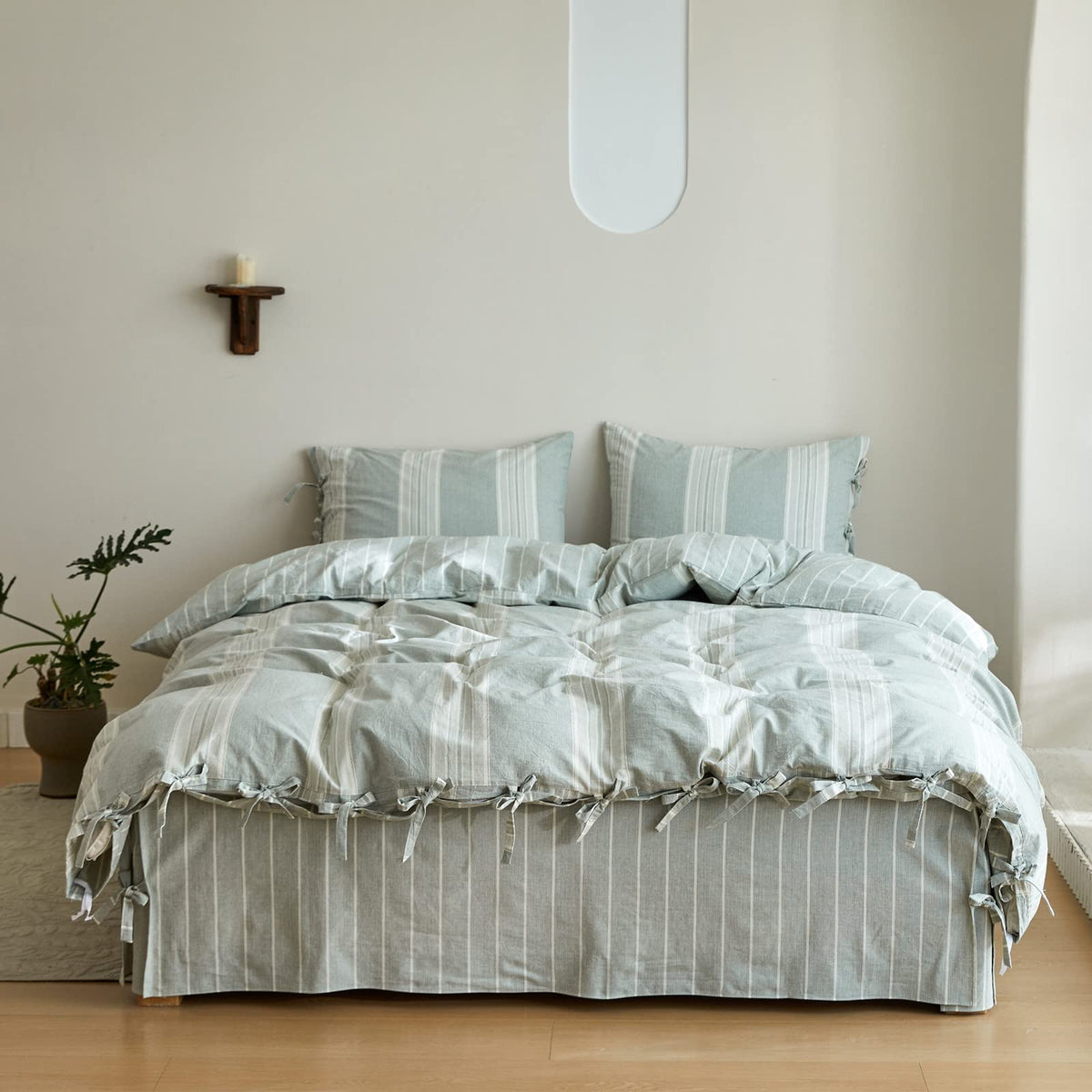 BISELINA 100% Washed Cotton Duvet Cover Set 3pcs with Bowknot Ties Strap Solid Color Linen Like Textured Durable Breathable Soft Comfy Chic Bedding (Twin, Cornflower Blue)