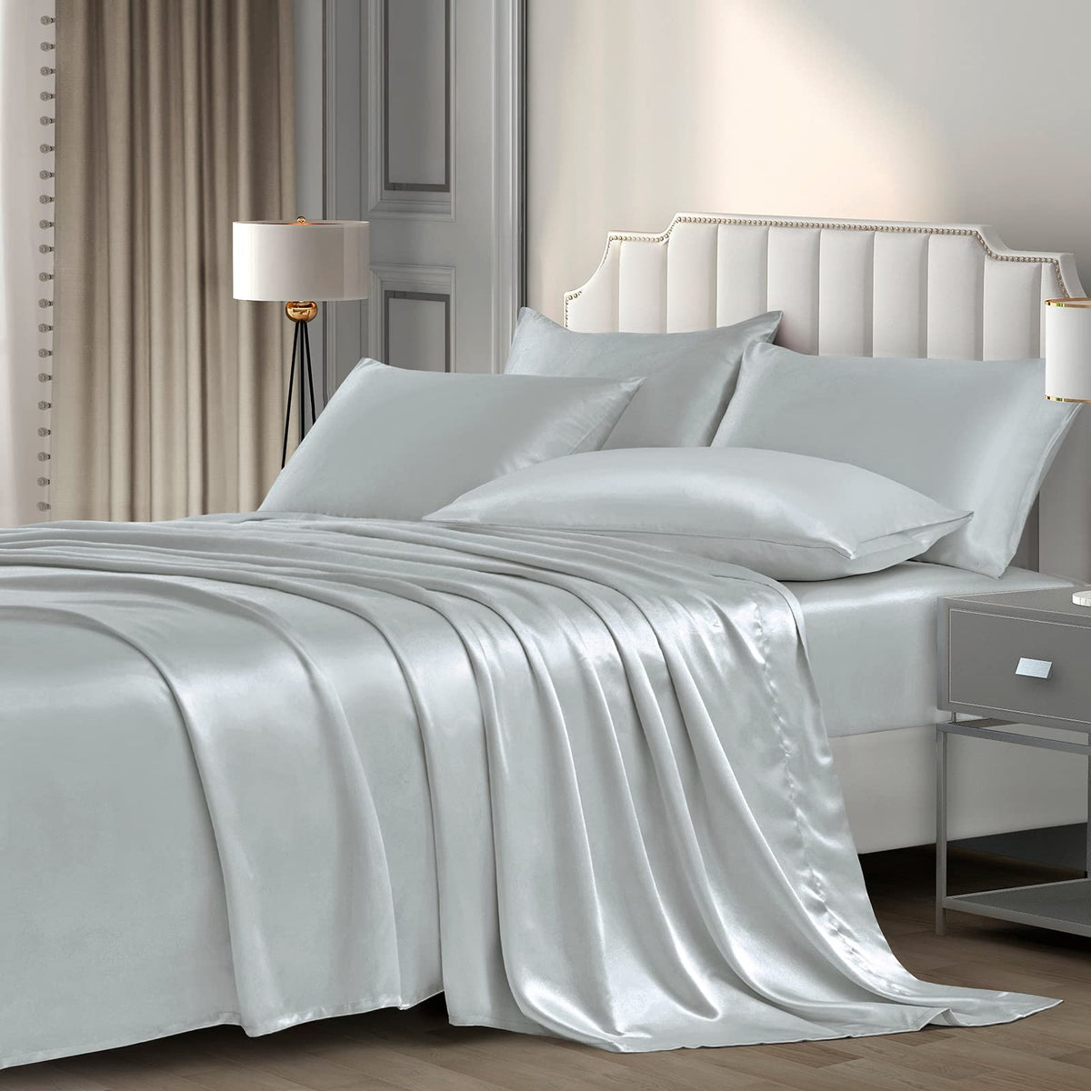 P Pothuiny Satin Sheets Set, Queen (6 Pieces, Taupe) - Luxury Soft Bed Linen Set with 1 Fitted Sheet, 1 Flat Sheet, 4 Pillowcases