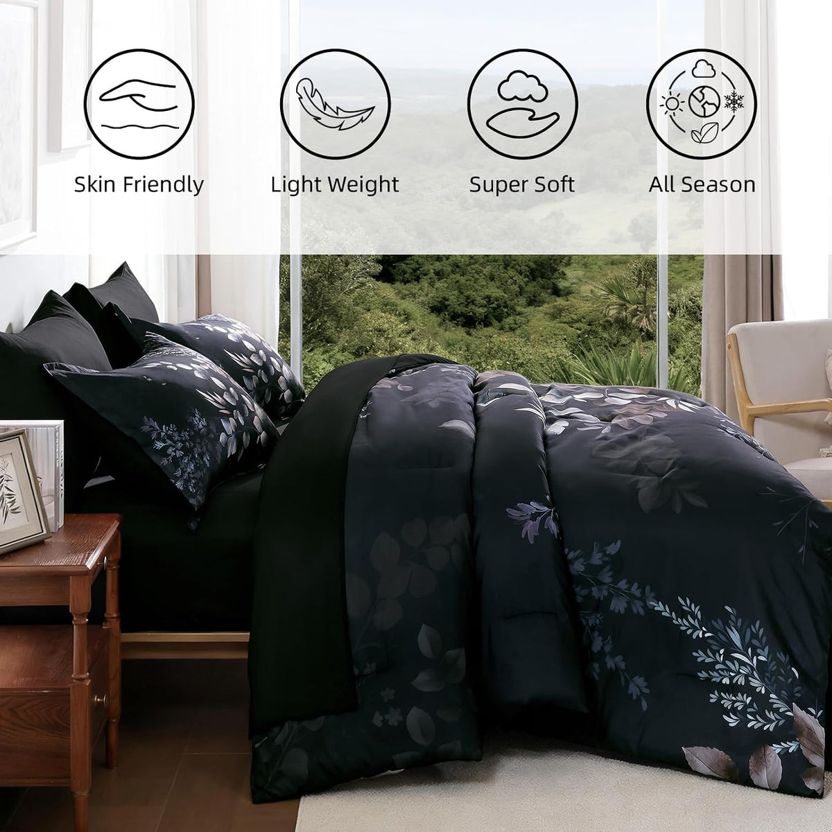 Xruibed Black Comforter Set King Size 7 Pieces Leaf Bed in a Bag Set