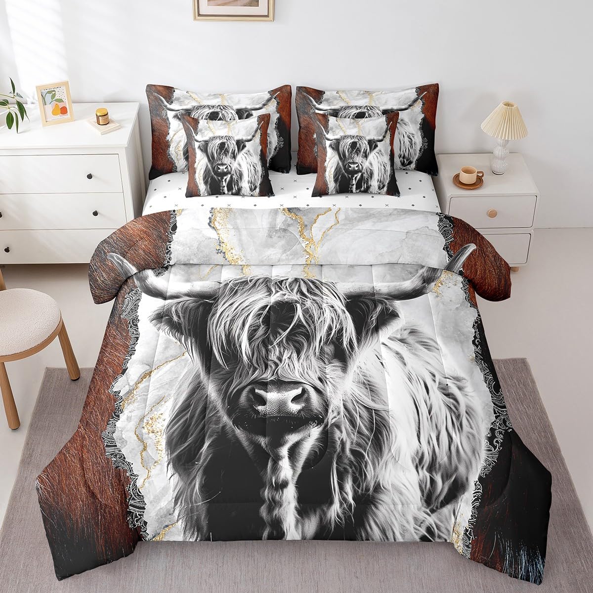 Erosebridal 7 Pcs Rustic Cow Comforter Set King Size,Western Texas Star Bed in a Bag with Flat Fitted Sheet for Cowboy Cowgirl,Cowhide Cow Print Bedding Set with Pillowcases and Cushion Cases