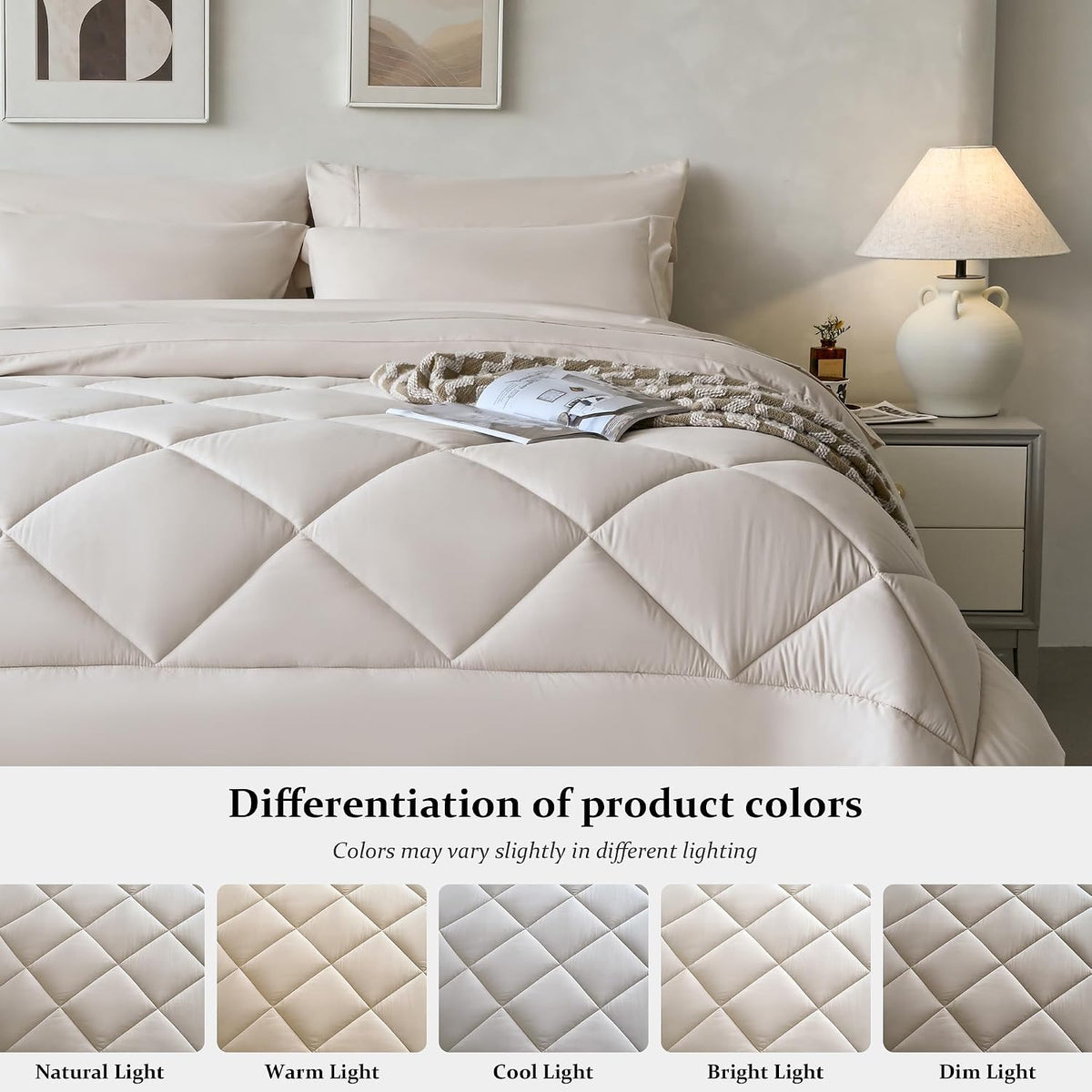 Newspin Queen Comforter Set 8 Pieces Bed in a Bag Soft Bedding Set Beige