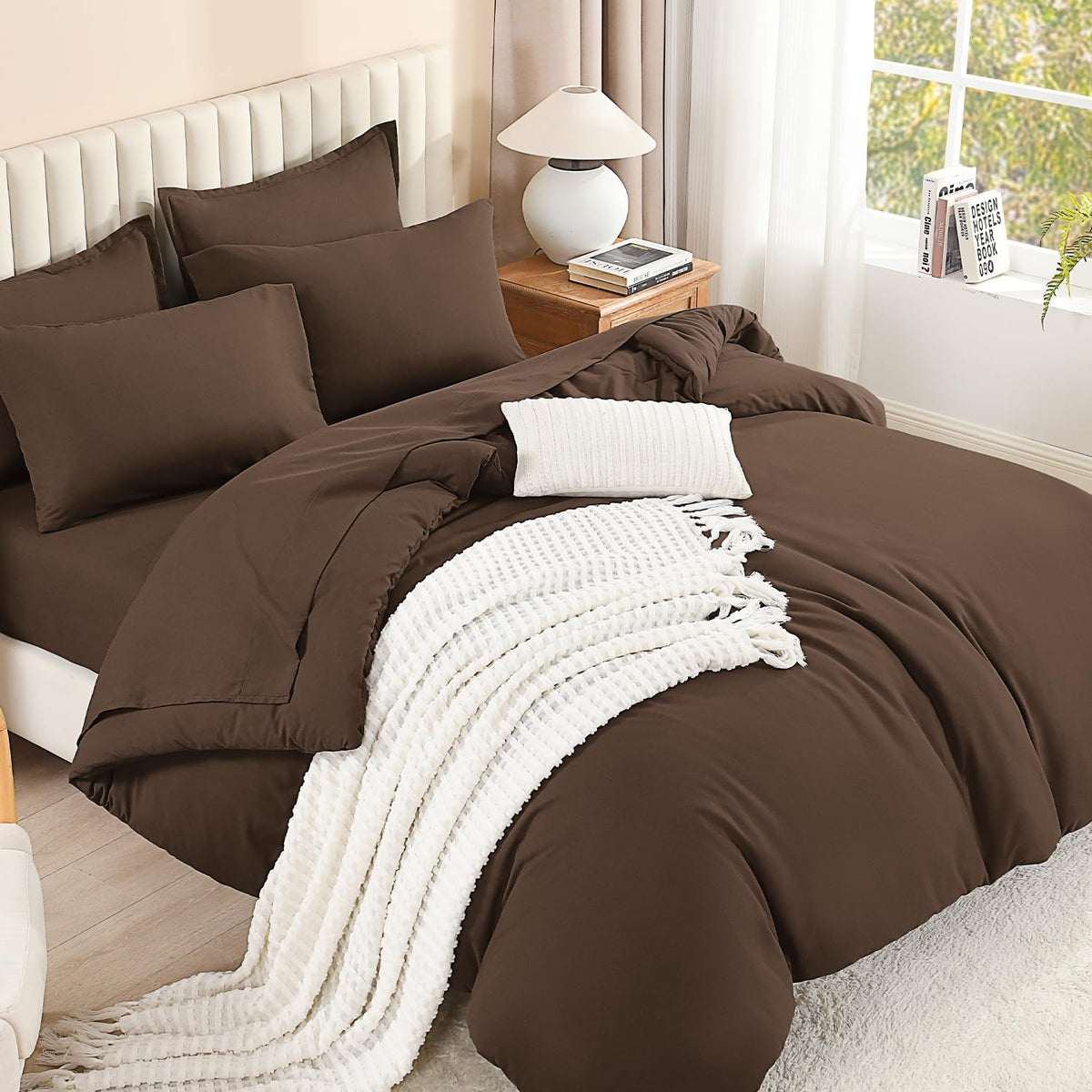 Litanika King Comforter Set with Sheets Beige - 7 Pieces Solid Bed in a Bag