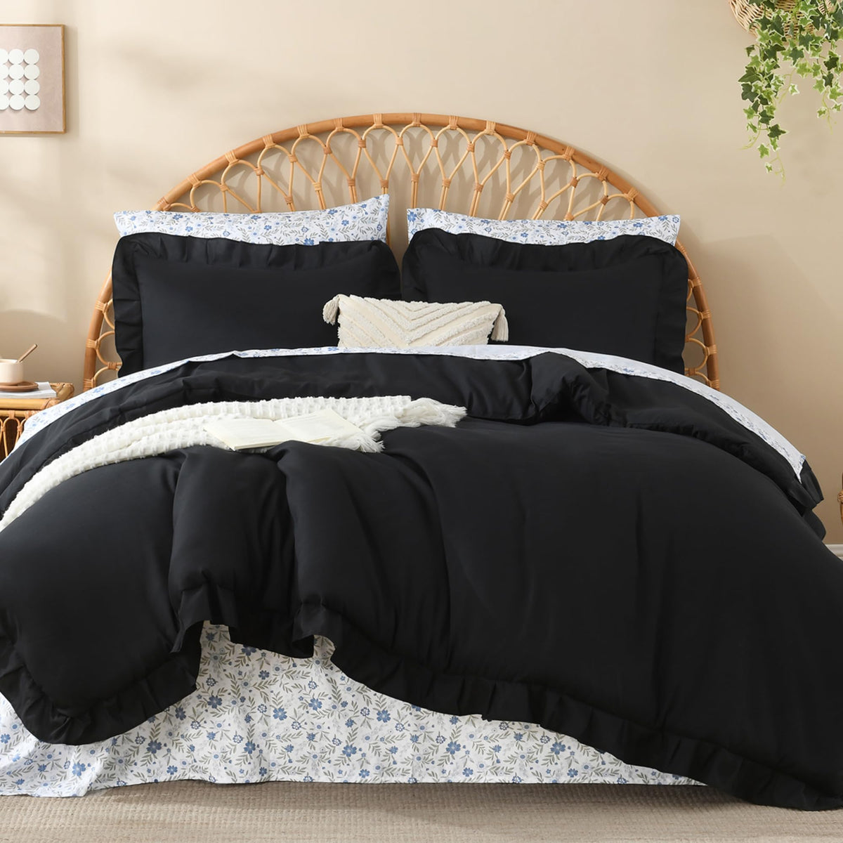 Litanika 7Pcs Queen Ruffled Sage Green Comforter Set with Floral Sheets