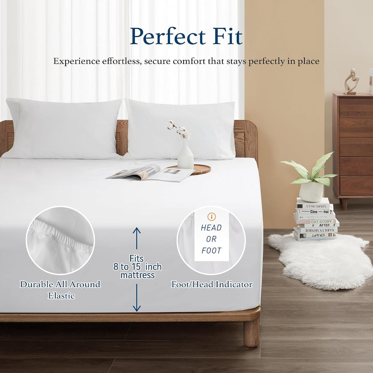 100% Cotton Percale Fitted Sheet King Size, 15" Deep Pocket, White