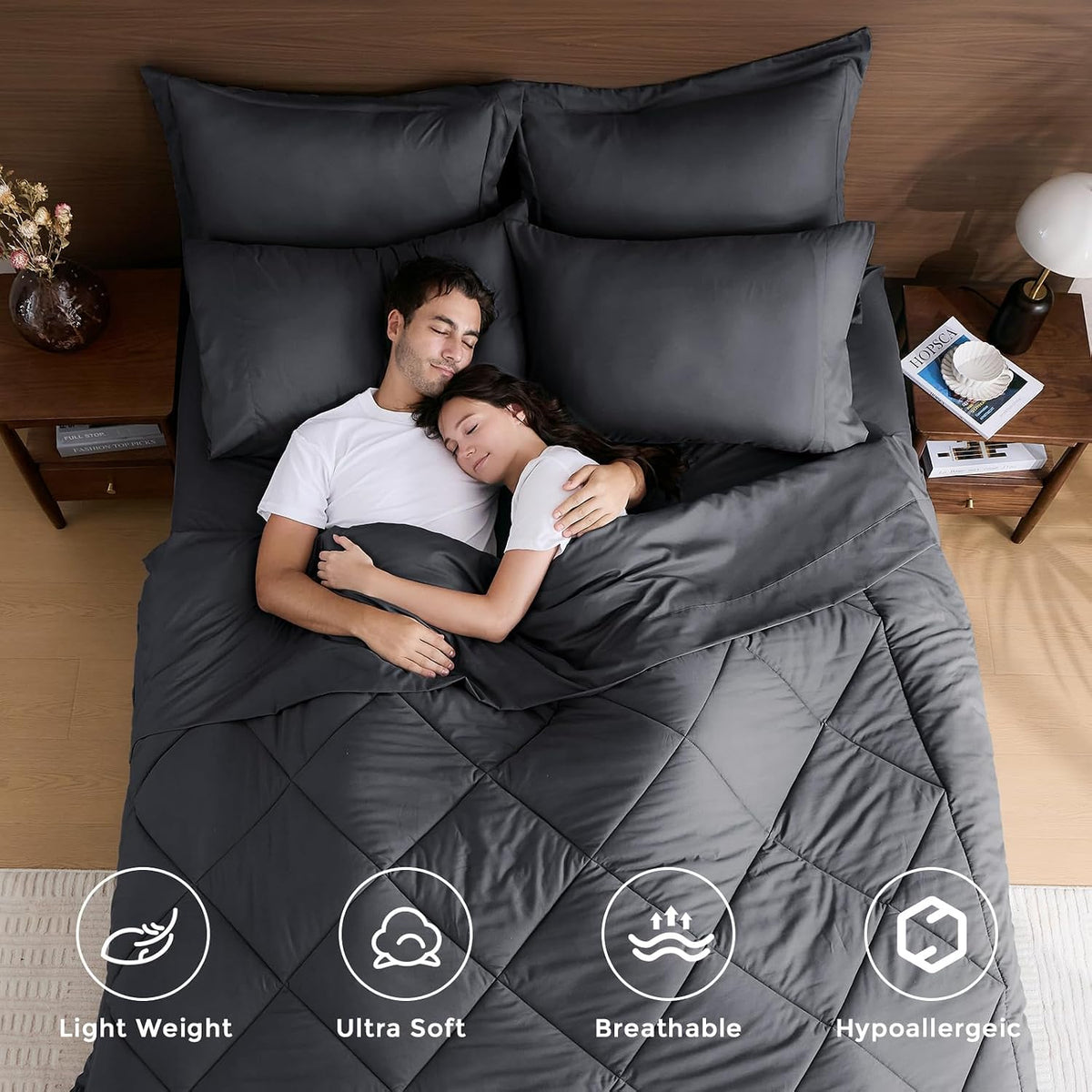 HEVUMYI 7-Piece King Comforter Set, Dark Grey Bed in a Bag