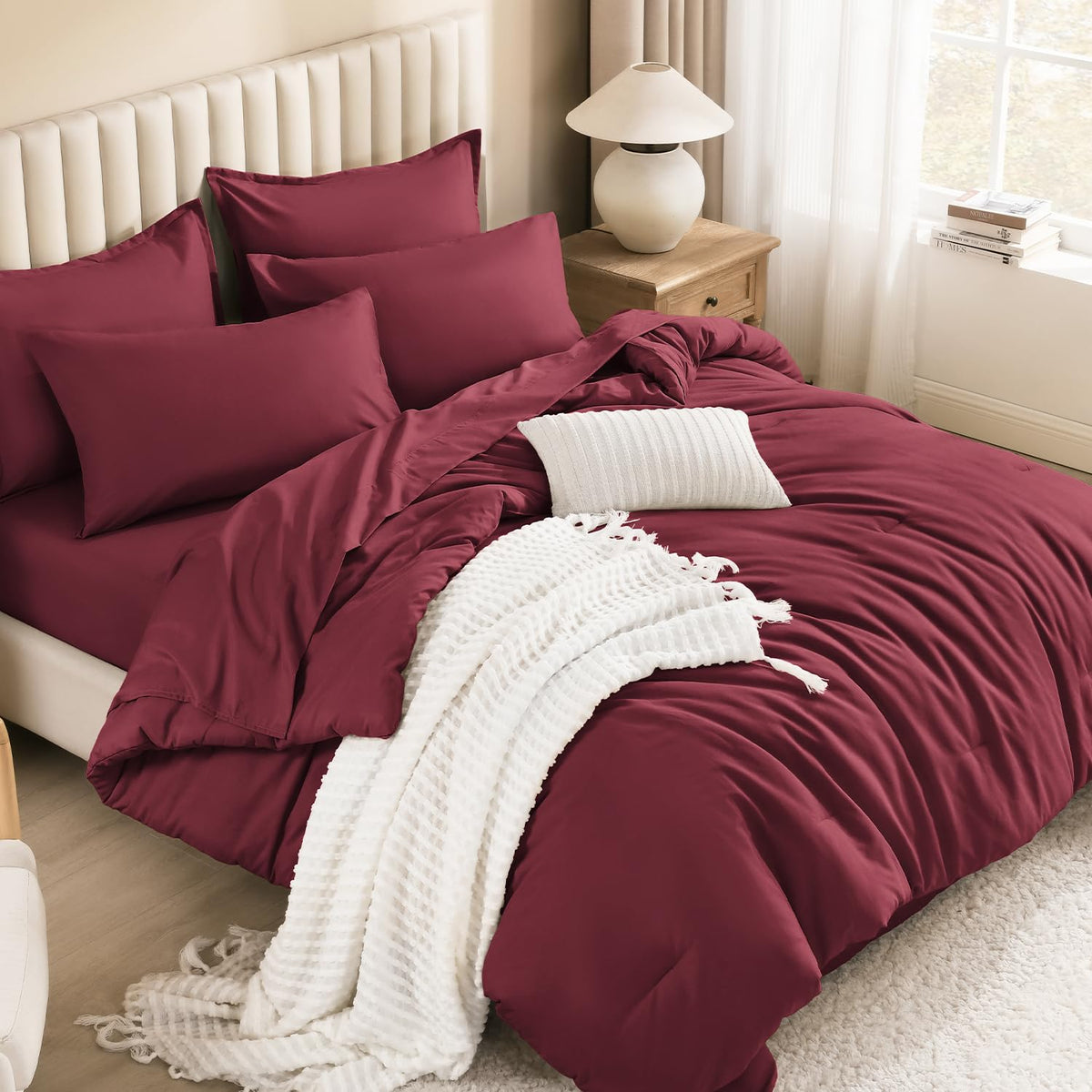 Litanika King Comforter Set with Sheets Beige - 7 Pieces Solid Bed in a Bag
