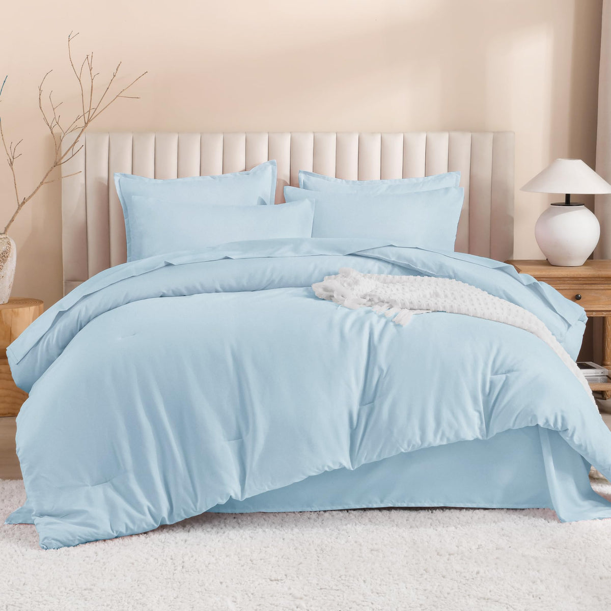 Litanika King Comforter Set with Sheets Beige - 7 Pieces Solid Bed in a Bag