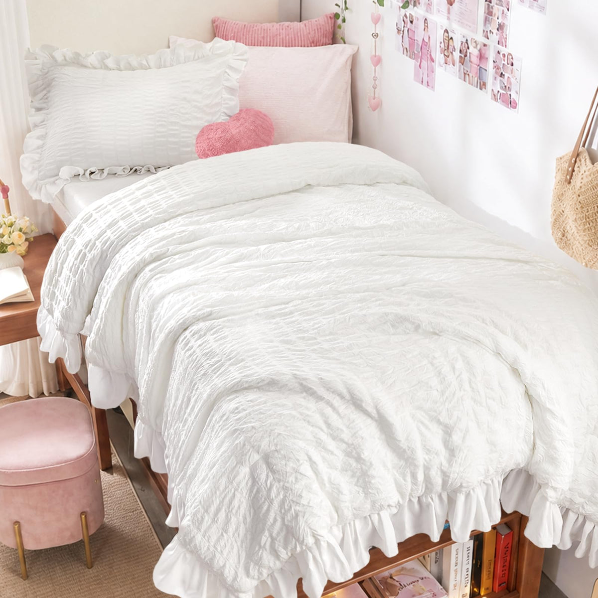 JOLLYVOGUE Ivory Comforter Full Size, 3 Pieces Seersucker Lightweight Full Size Bedding, All Season Fluffy Microfiber Bedding Comforter Set with 1 Ruffle Comforter and 2 Ruffle Pillowshams