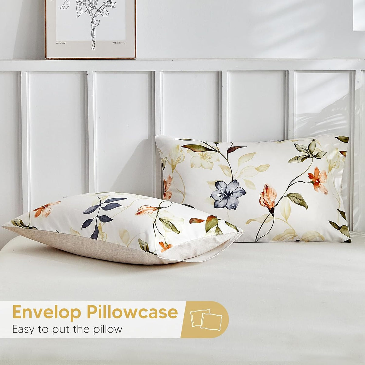 Tokokimo Queen Size Fitted Sheet with 2 Pillowcases, White & Floral Print
