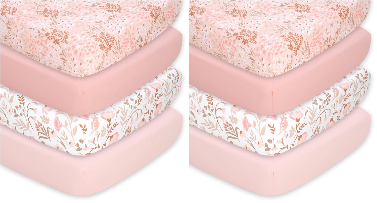 The Peanutshell 4-Pack Fitted Crib Sheet Set - Super Soft & Breathable Baby Girl Crib Sheets, Nursery Decor, Fit for Standard Mattress Cover- Whimsical Floral