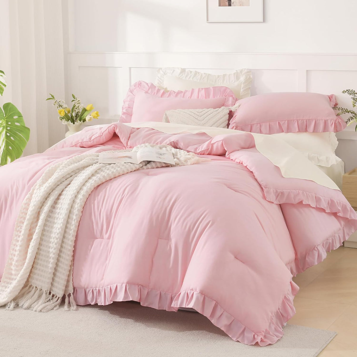 Andency Pink Ruffle Comforter Twin Size, 2 Pieces Soft Bed Set