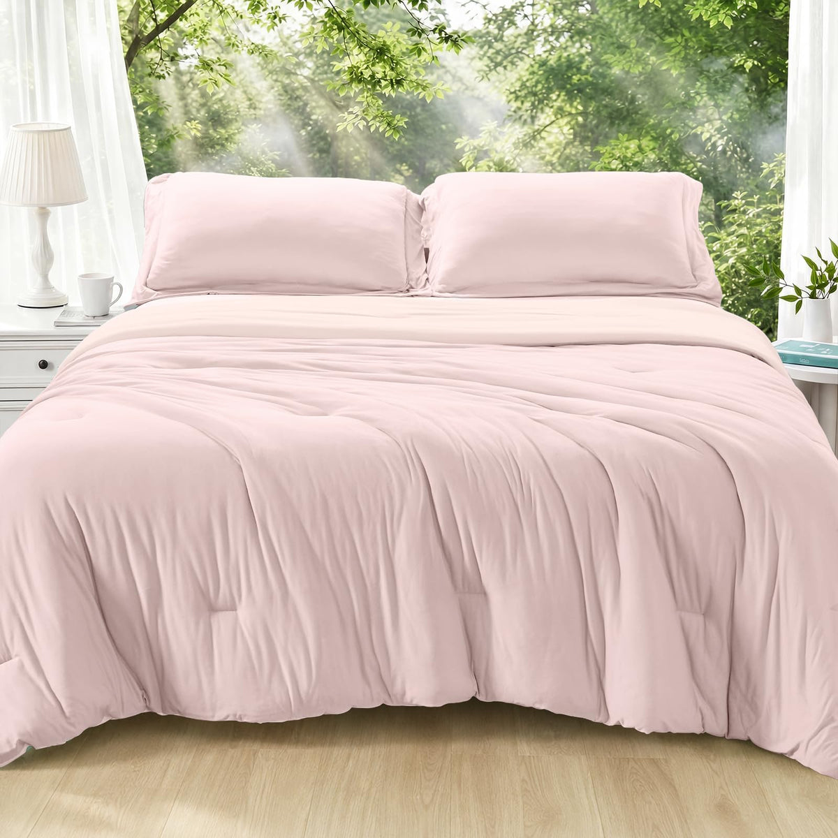 MUXHOMO Queen Size Comforter Set Beige, 3 Piece Solid Bedding for All Seasons, Warm Down Alternative Bed Set Includes 1 Lightweight Comforter (90"x90") and 2 Pillowshams (20"x26")