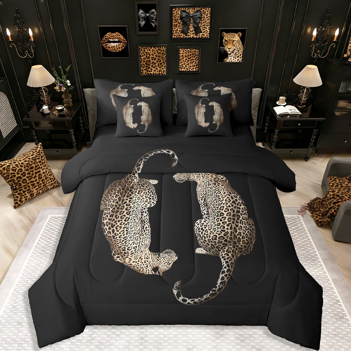 Erosebridal Leopard Print Bedding Set,7 Piece Pink Lucky 8 Ball Cheetah Bed in A Bag Queen Comforter Set for Boys Girls Women Preppy Room Decor Aesthetic Comforter and Sheets Fashion Coquette Bed Set