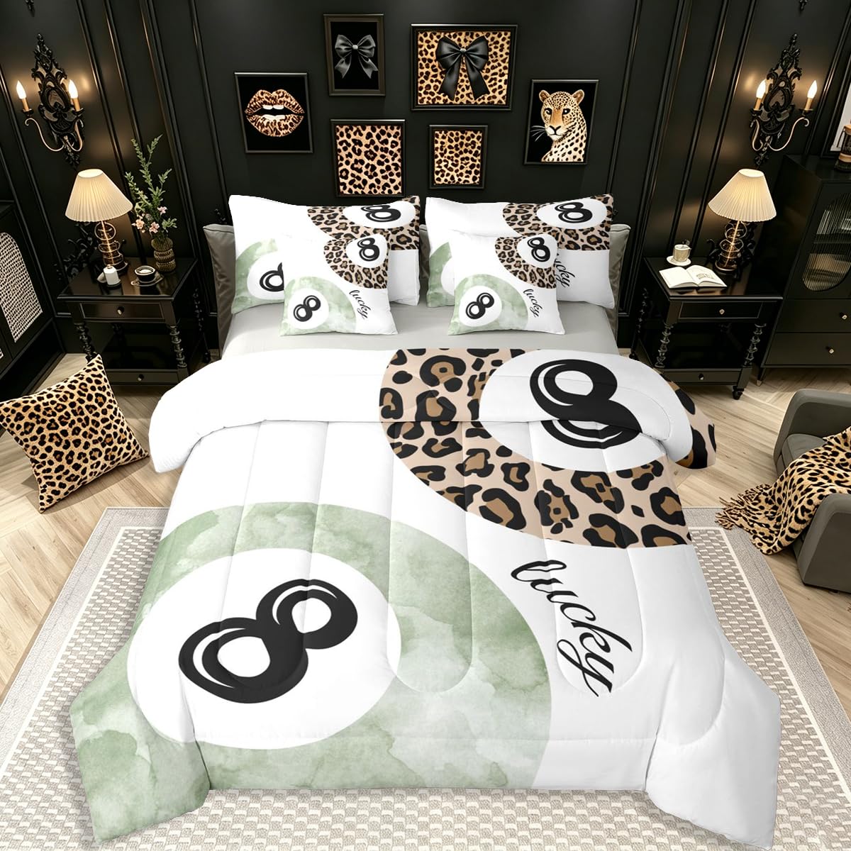 Erosebridal Leopard Print Bedding Set,7 Piece Pink Lucky 8 Ball Cheetah Bed in A Bag Queen Comforter Set for Boys Girls Women Preppy Room Decor Aesthetic Comforter and Sheets Fashion Coquette Bed Set