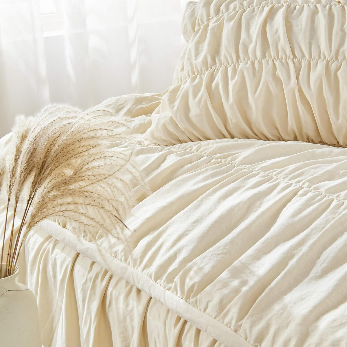 Bonlino Wheat Ruched Comforter Set Queen Size Ruffle Comforter Bedding