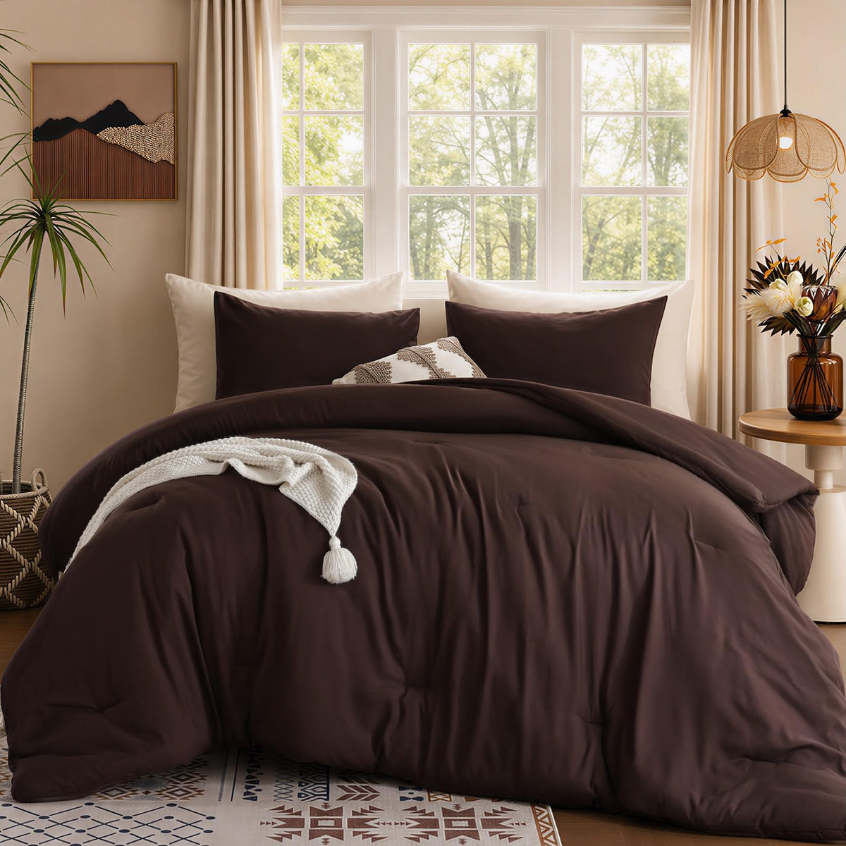 ROSGONIA Queen Comforter Set Oatmeal, 3pcs(1 Boho Oatmeal Comforter & 2 Pillowcases) All Season Soft Bedding Lightweight Bedspread Blanket Quilt