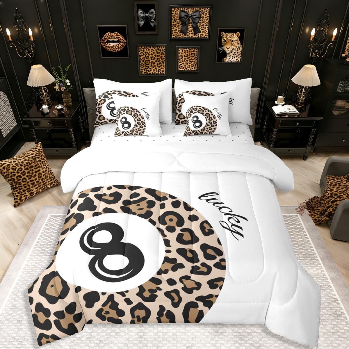 Erosebridal Leopard Print Bedding Set,7 Piece Pink Lucky 8 Ball Cheetah Bed in A Bag Queen Comforter Set for Boys Girls Women Preppy Room Decor Aesthetic Comforter and Sheets Fashion Coquette Bed Set