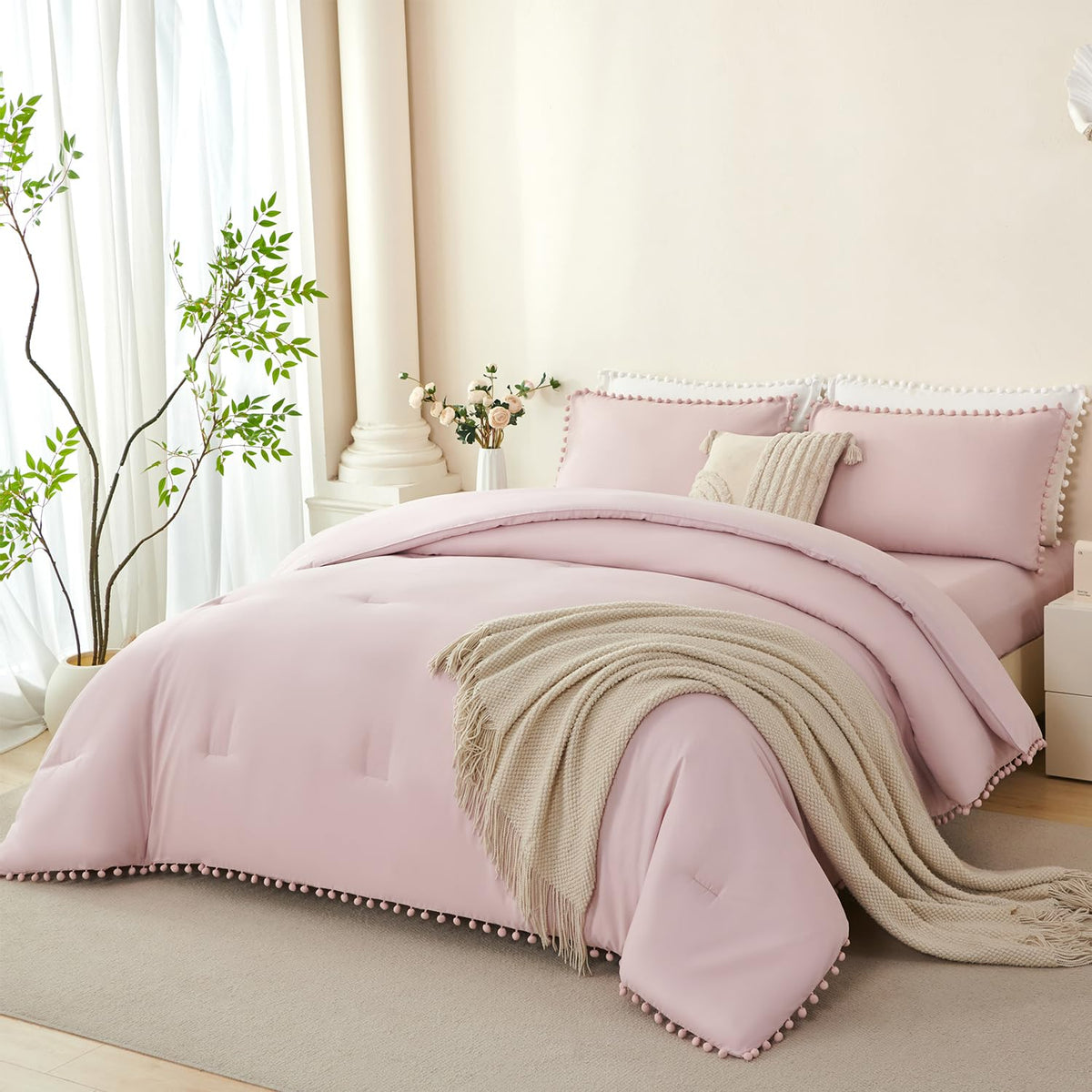 PERFEMET 5 Pieces Lavender Purple Comforter Set Twin Girls Pom Bedding Sets