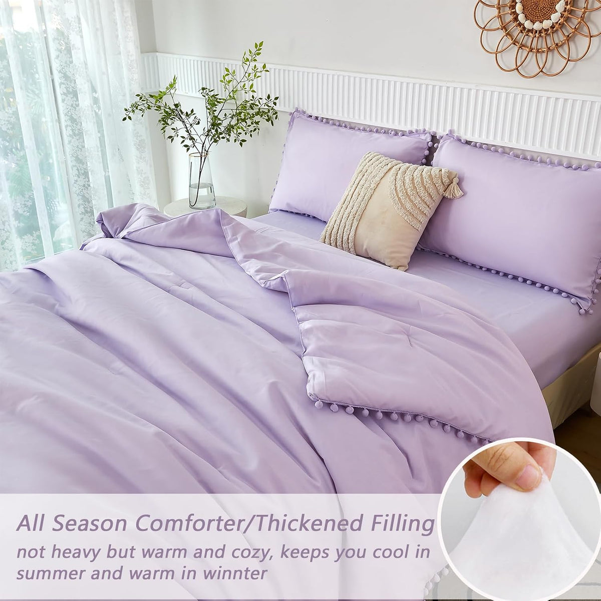 PERFEMET 5 Pieces Lavender Purple Comforter Set Twin Girls Pom Bedding Sets