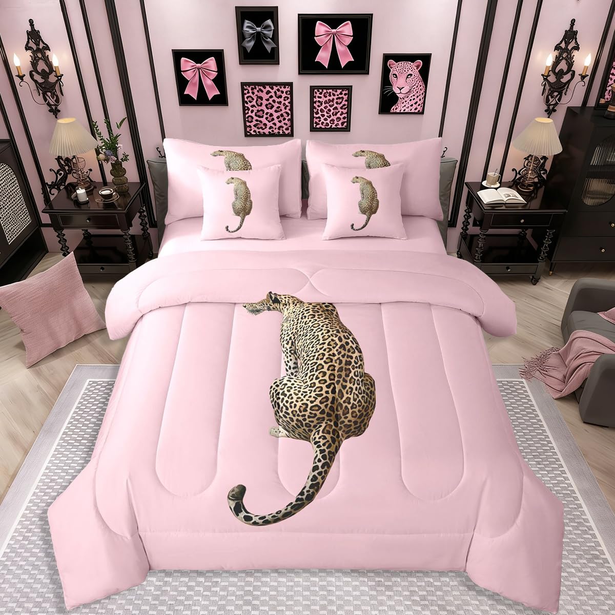 Erosebridal Leopard Print Bedding Set,7 Piece Pink Lucky 8 Ball Cheetah Bed in A Bag Queen Comforter Set for Boys Girls Women Preppy Room Decor Aesthetic Comforter and Sheets Fashion Coquette Bed Set