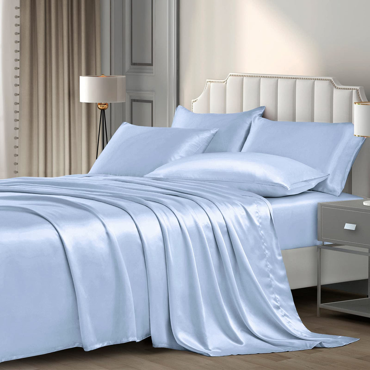 P Pothuiny Satin Sheets Set, Queen (6 Pieces, Taupe) - Luxury Soft Bed Linen Set with 1 Fitted Sheet, 1 Flat Sheet, 4 Pillowcases