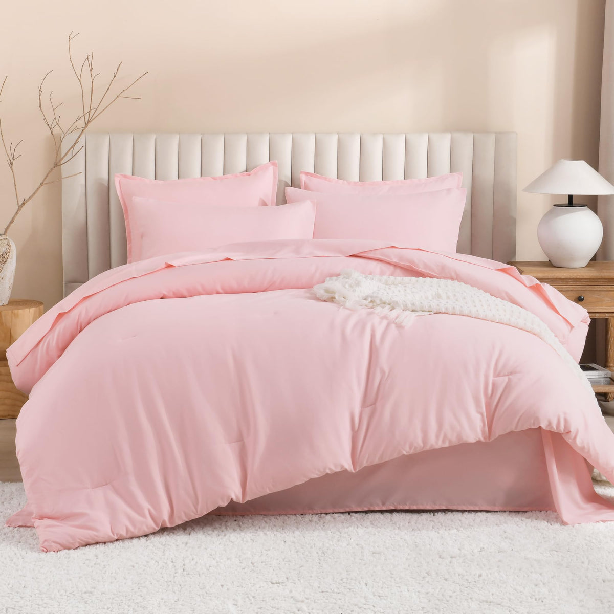 Litanika King Comforter Set with Sheets Beige - 7 Pieces Solid Bed in a Bag