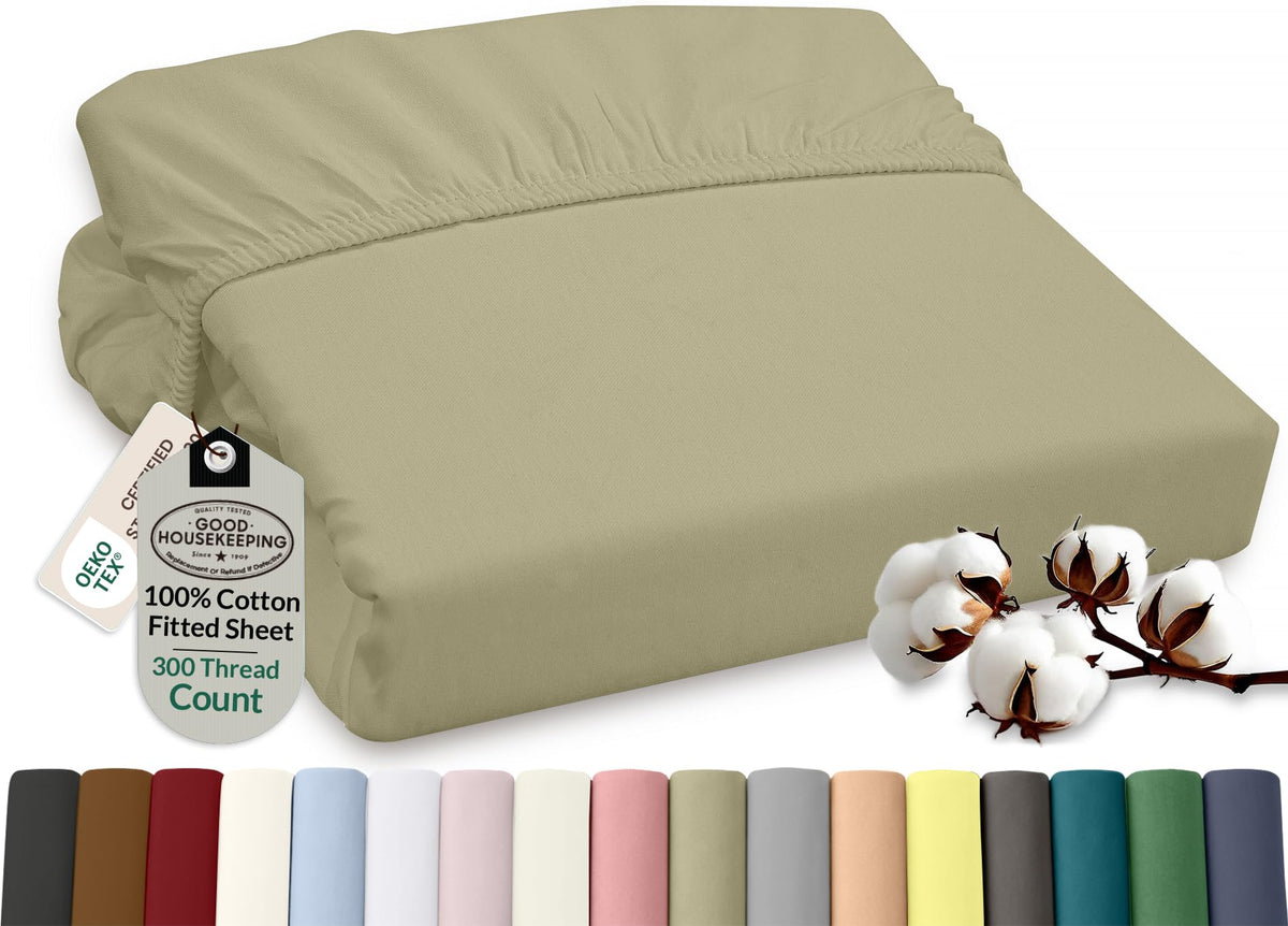 ROYALE LINENS 300 Thread Count 100% Long Staple Combed Cotton Fitted Sheet Full - Super Soft Deep Pocket Bottom Sheet - Fitted Sheets Only - Elastic Sheets (Full, White)