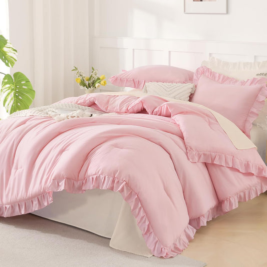 Andency Pink Ruffle Comforter Twin Size, 2 Pieces Soft Bed Set