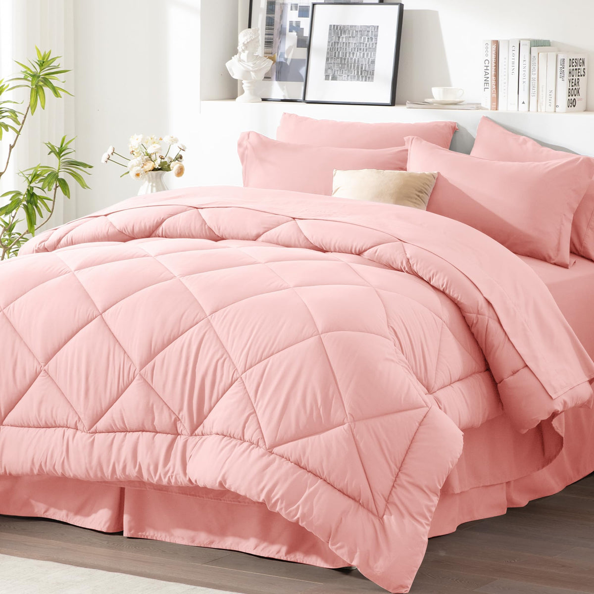 Newspin Queen Comforter Set 8 Pieces Bed in a Bag Soft Bedding Set Beige