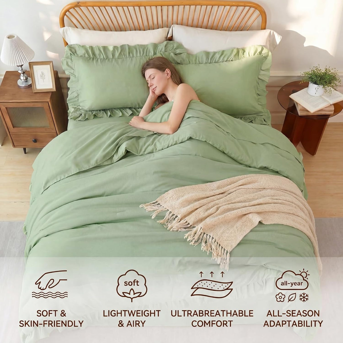 ZRNBAST Full Comforter Set Sage Green, 5 Pieces Ruffle Full Bed Sets, Soft Farmhouse Fluffy Bed in a Bag Shabby Chic Bedding Sets with Ruffled Comforter, Flat Sheet, Fitted Sheet, Pillowcases