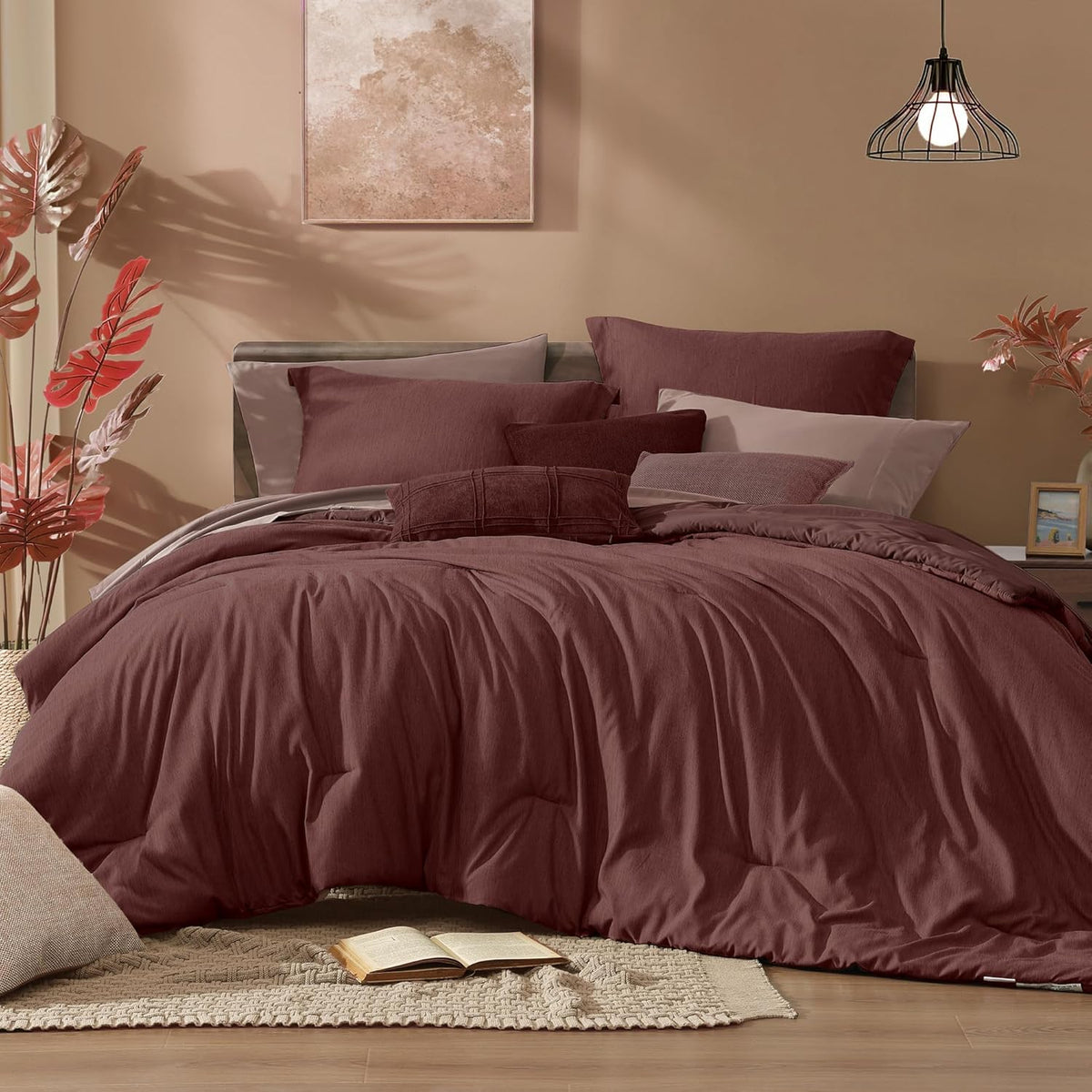 Monbix Queen Comforter Set 7 Pieces Terracotta Cationic Dyeing Bed in a Bag