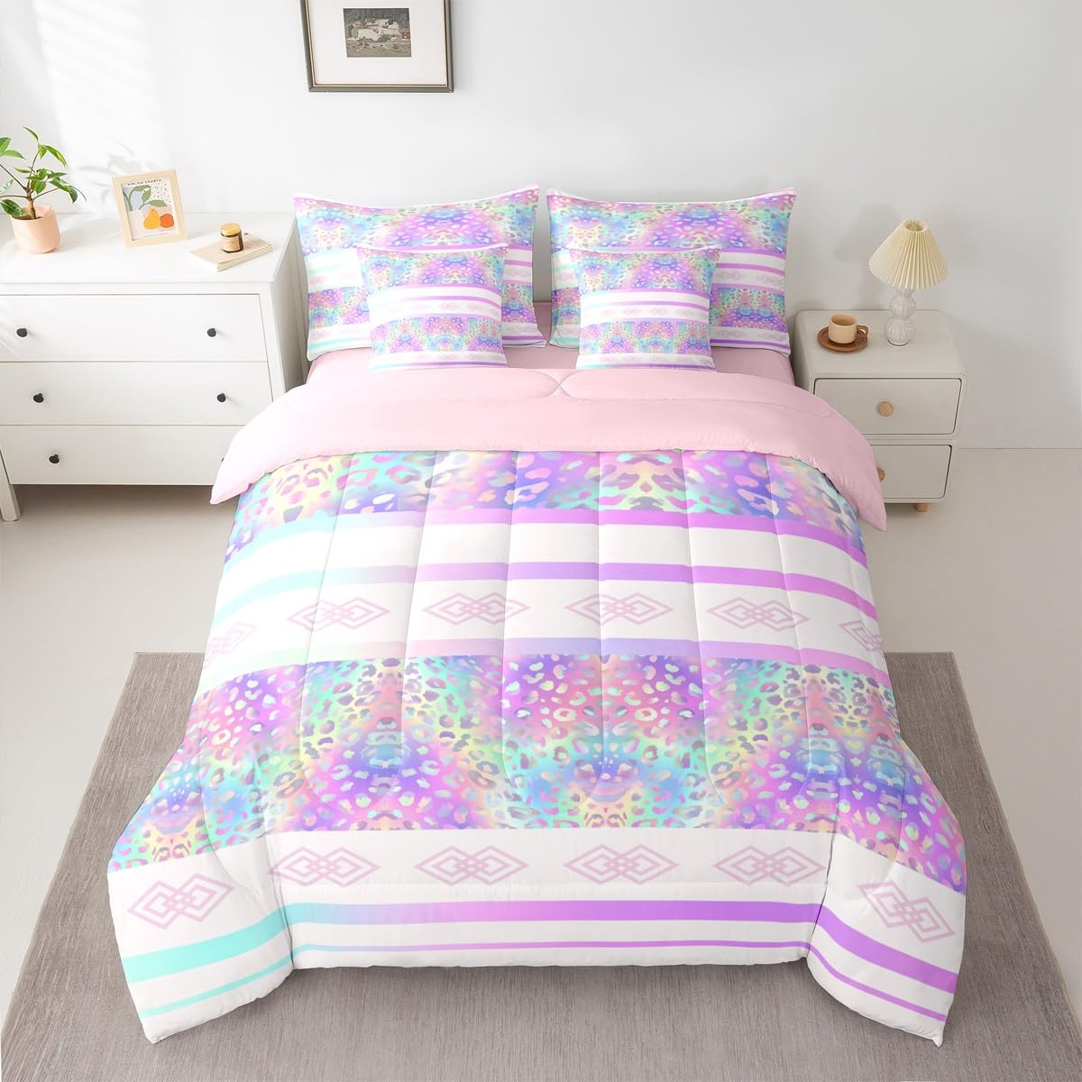 jejeloiu Leopard Print Comforter Set with Sheets 7 Piece Queen Size Cheetah Print Bedding Set for Kids Boys Girls Beige Bed in a Bag Modern Art Room Decor Soft Lightweight Microfiber