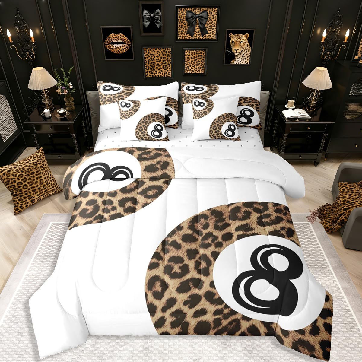 Erosebridal Leopard Print Bedding Set,7 Piece Pink Lucky 8 Ball Cheetah Bed in A Bag Queen Comforter Set for Boys Girls Women Preppy Room Decor Aesthetic Comforter and Sheets Fashion Coquette Bed Set